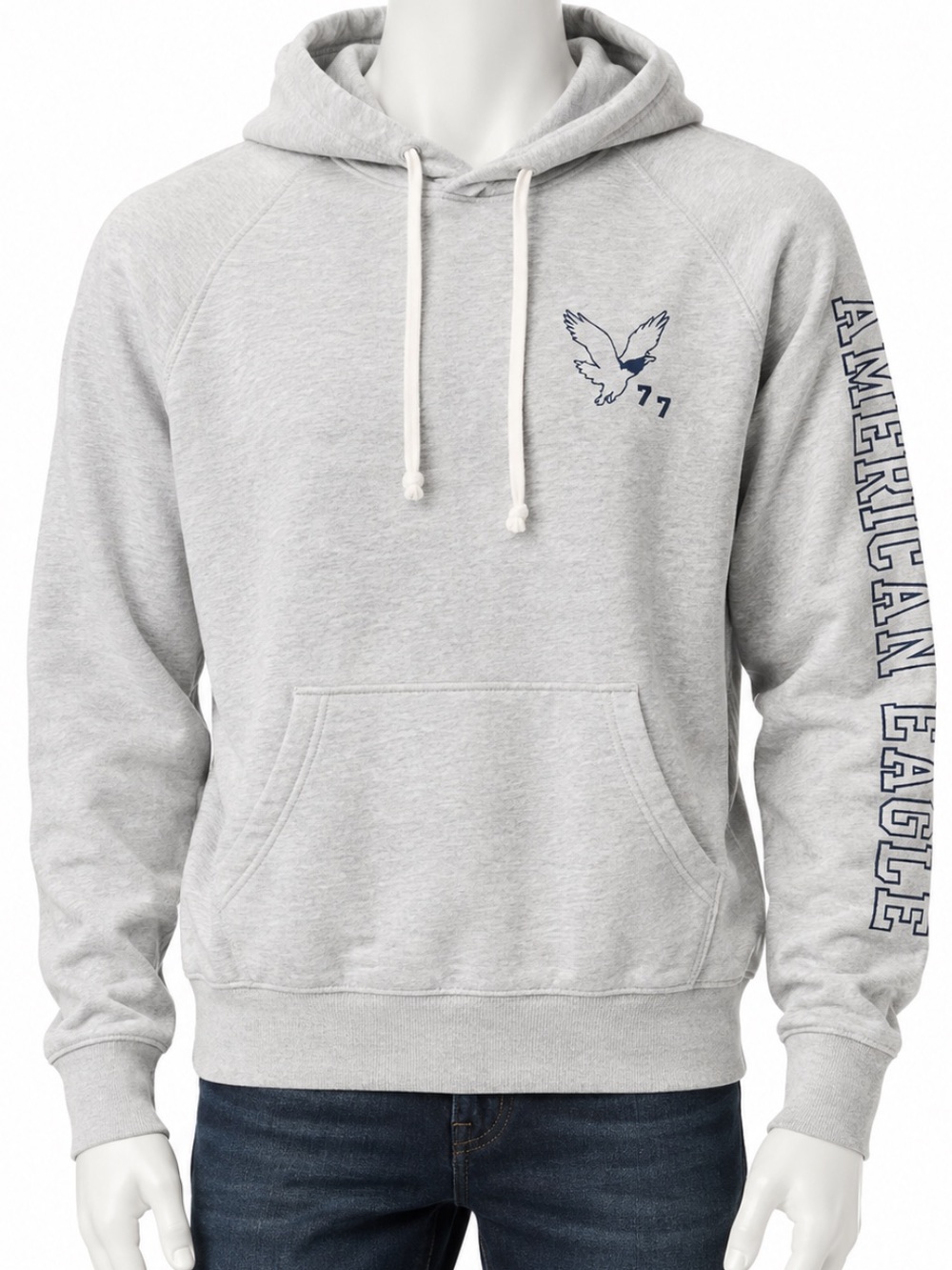 American Eagle Logo Spell Out Hoodie Fleece Pullover Gray Y2K Preppy AEO Mens S